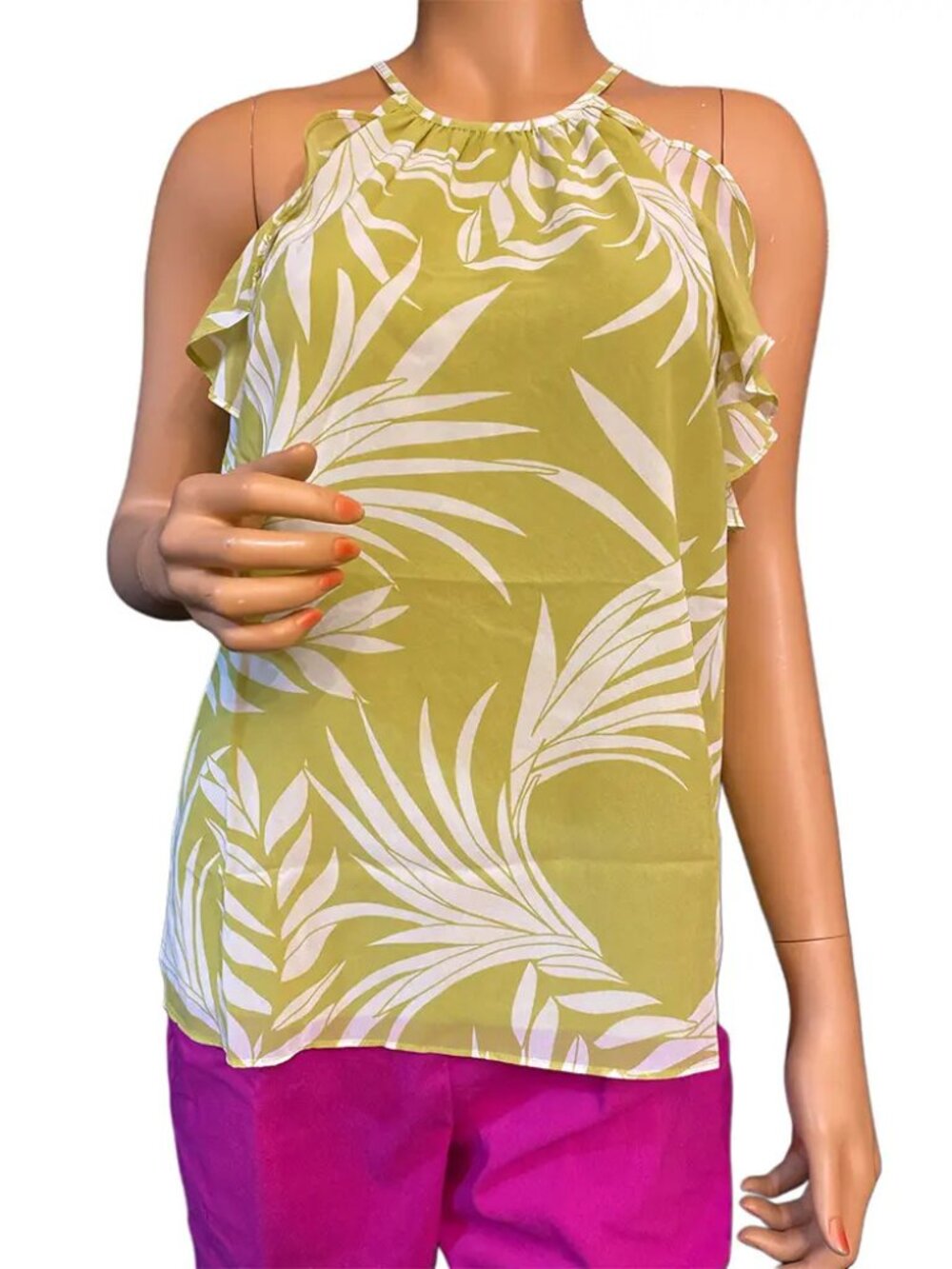 Bar III Palm Leaf Print Ruffle Halter Top Lime Green
